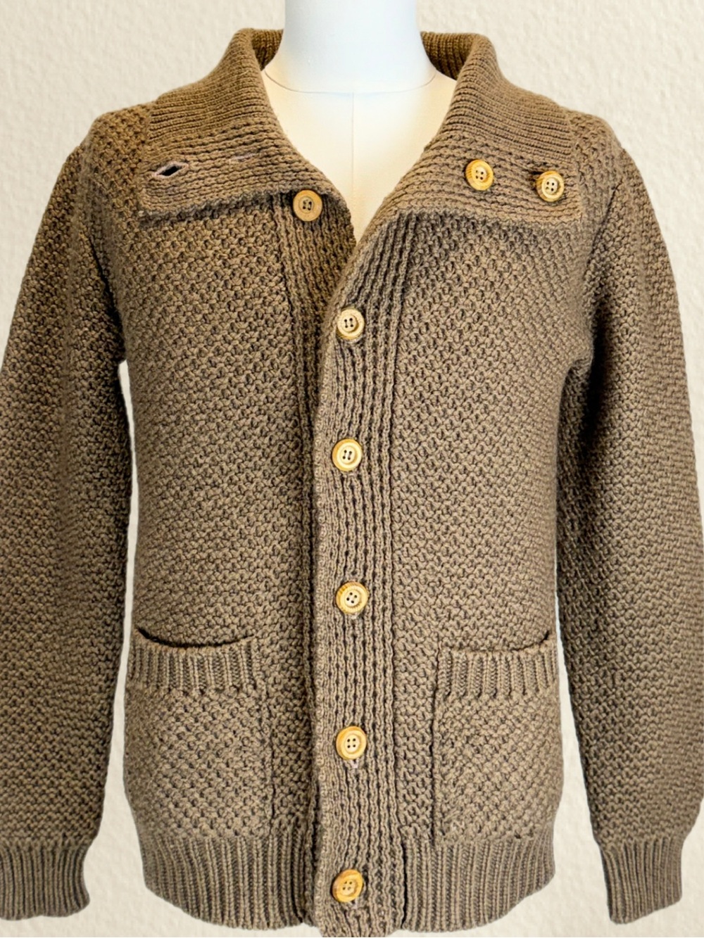 VINTAGE 70s‎ fisherman heavy knit sweater cardigan shawl wrap collar